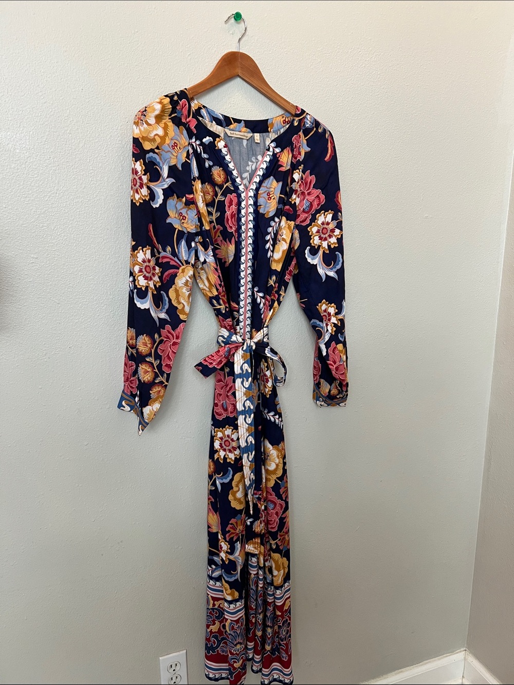 Soft Surroundings Navy Floral Midi Dress with Tie Waist